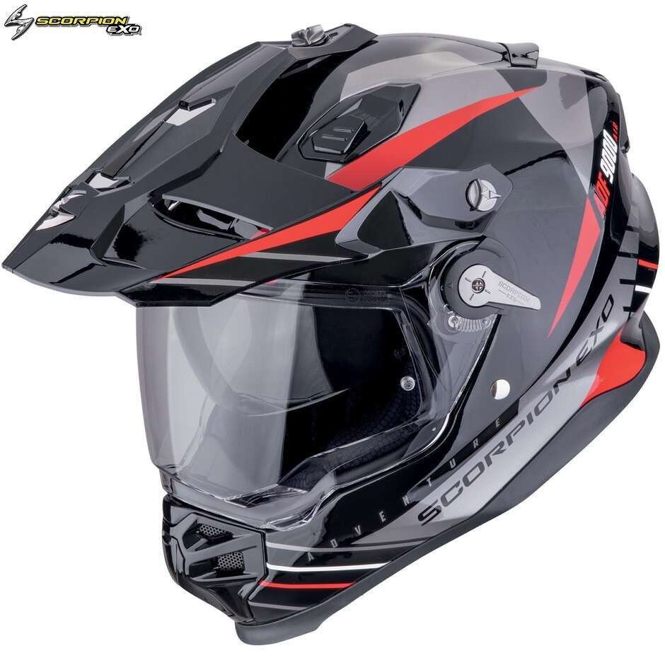 Casco Moto Integrale Adventure Scorpion ADF 9000 AIR FEAT Nero Argento Rosso